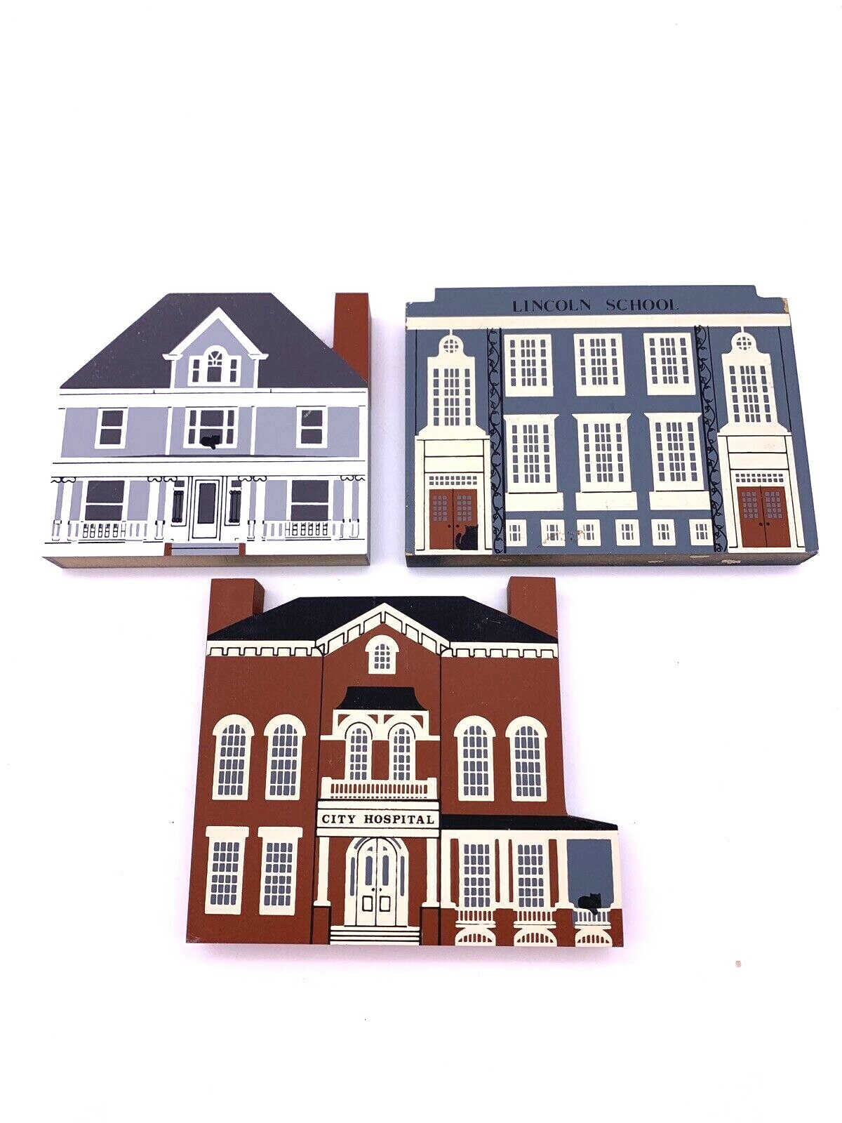 3 Vintage Cats Meow Village Series VI Hospital Ohliger House Lincoln School