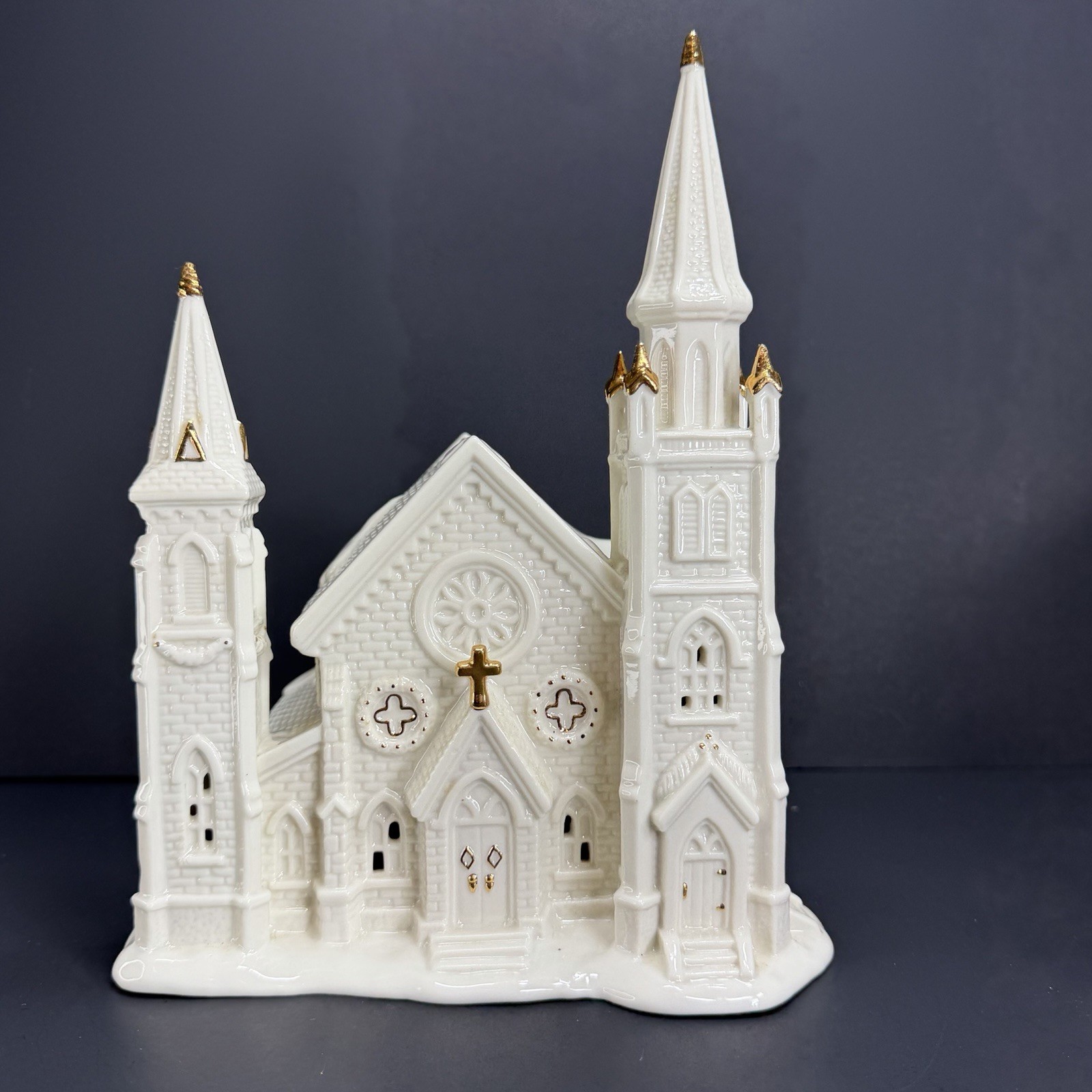 Victorian Christmas Village White Porcelain Church Figurine Gold Color Accents