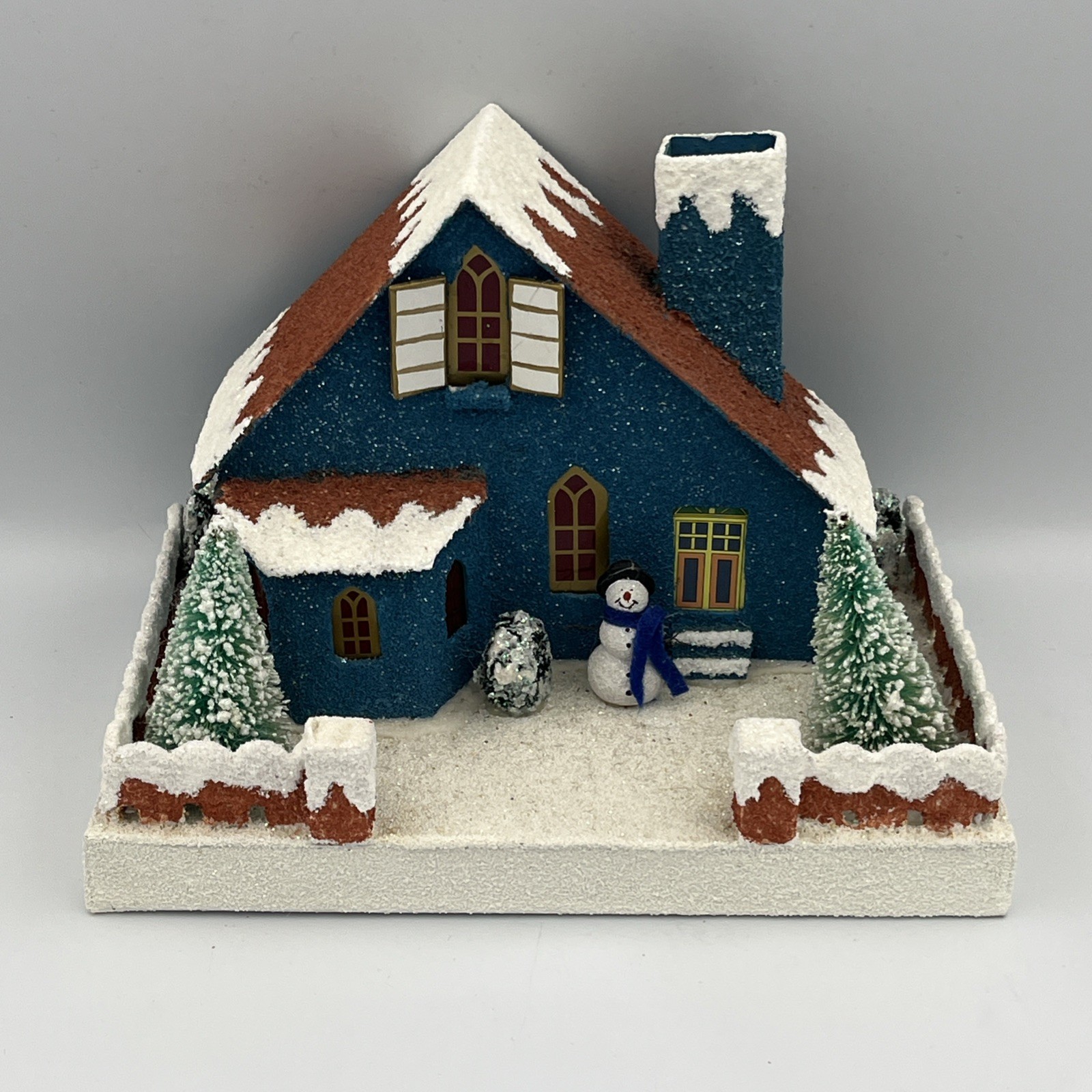 Christopher Radko Shiny Brite Blue Putz House Snowman Blue Scarf Sparkle Town
