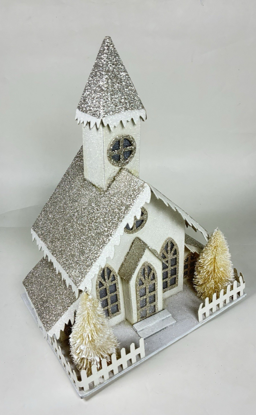 Putz Style Glittered Cardboard Christmas Village Church Bottle Brush Trees 12″