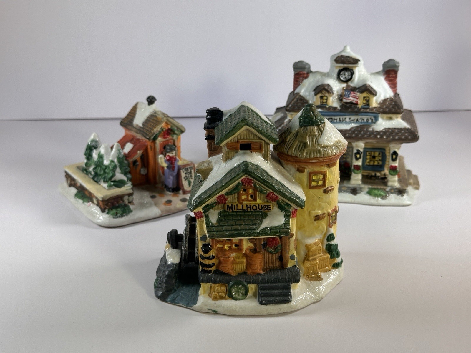 Vintage Set 3 Christmas Village Porcelain Trees Sales, Millhouse, Train Station