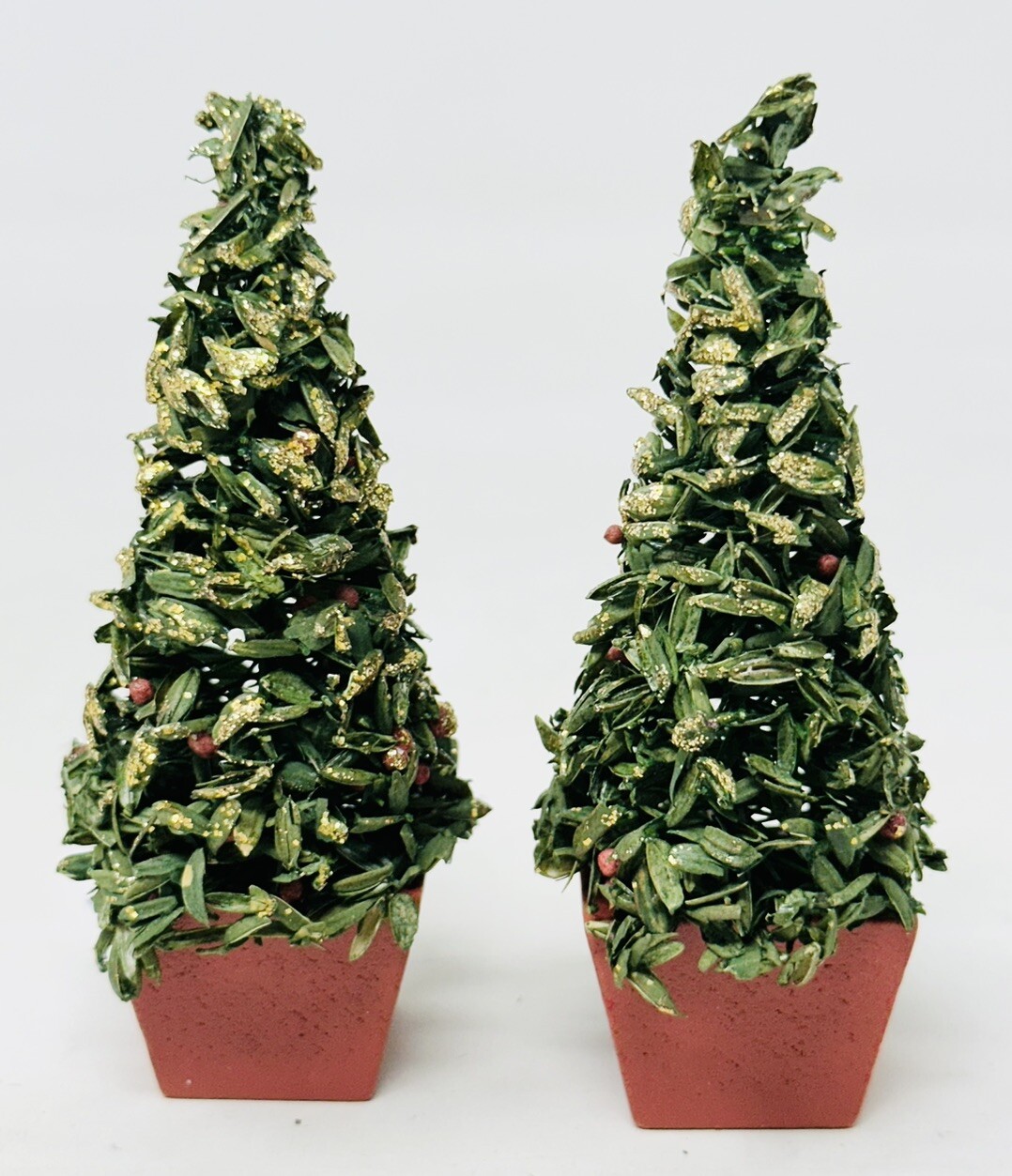 2 Vintage Christmas Village Potted Trees Made In Taiwan Topiary 3.75”