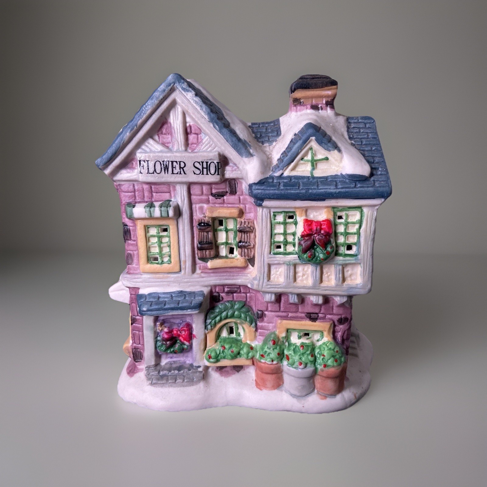 Christmas Village Flower Shop Snowy Roof Hand Painted Details Lighting Capable