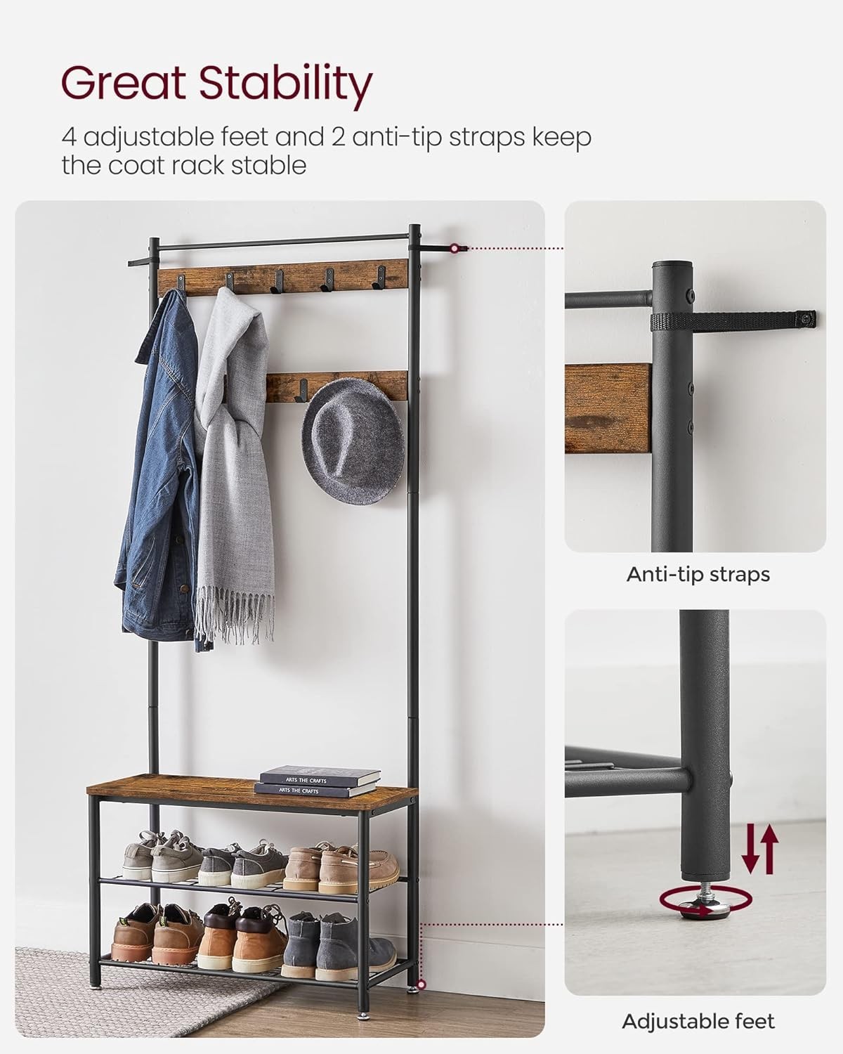 Hall Tree Coat Rack with Shoe Storage Bench 3-in-1 Steel Frame Rustic Brown