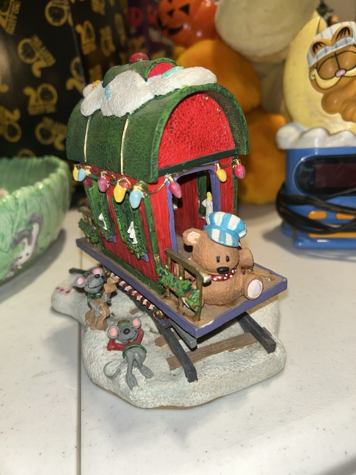 Christmas Village Train Car with Bear and Mouse Figurines, Multicolor, Boxed