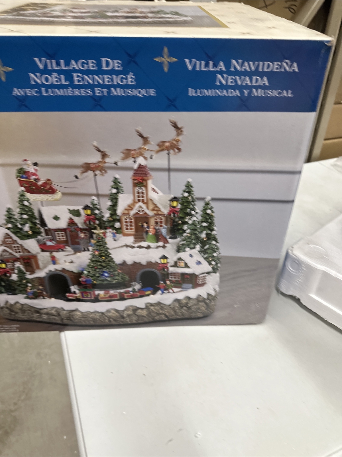 Animated Mountain Train Christmas Village Santa Sleigh Reindeer Musical 17” NEW