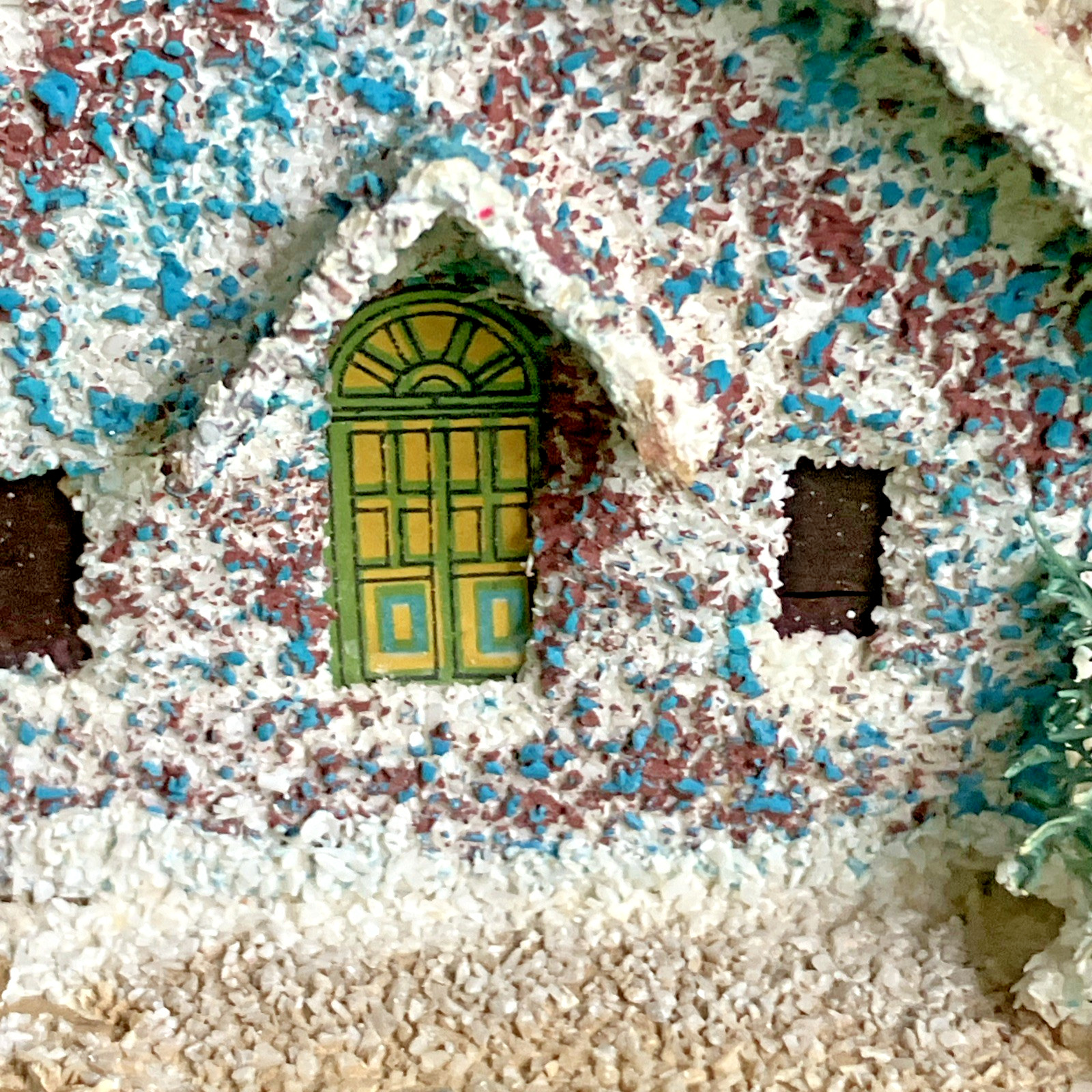 5 Different VTG Christmas Putz Houses, Cardboard w Mica Glitter, Windows, Trees