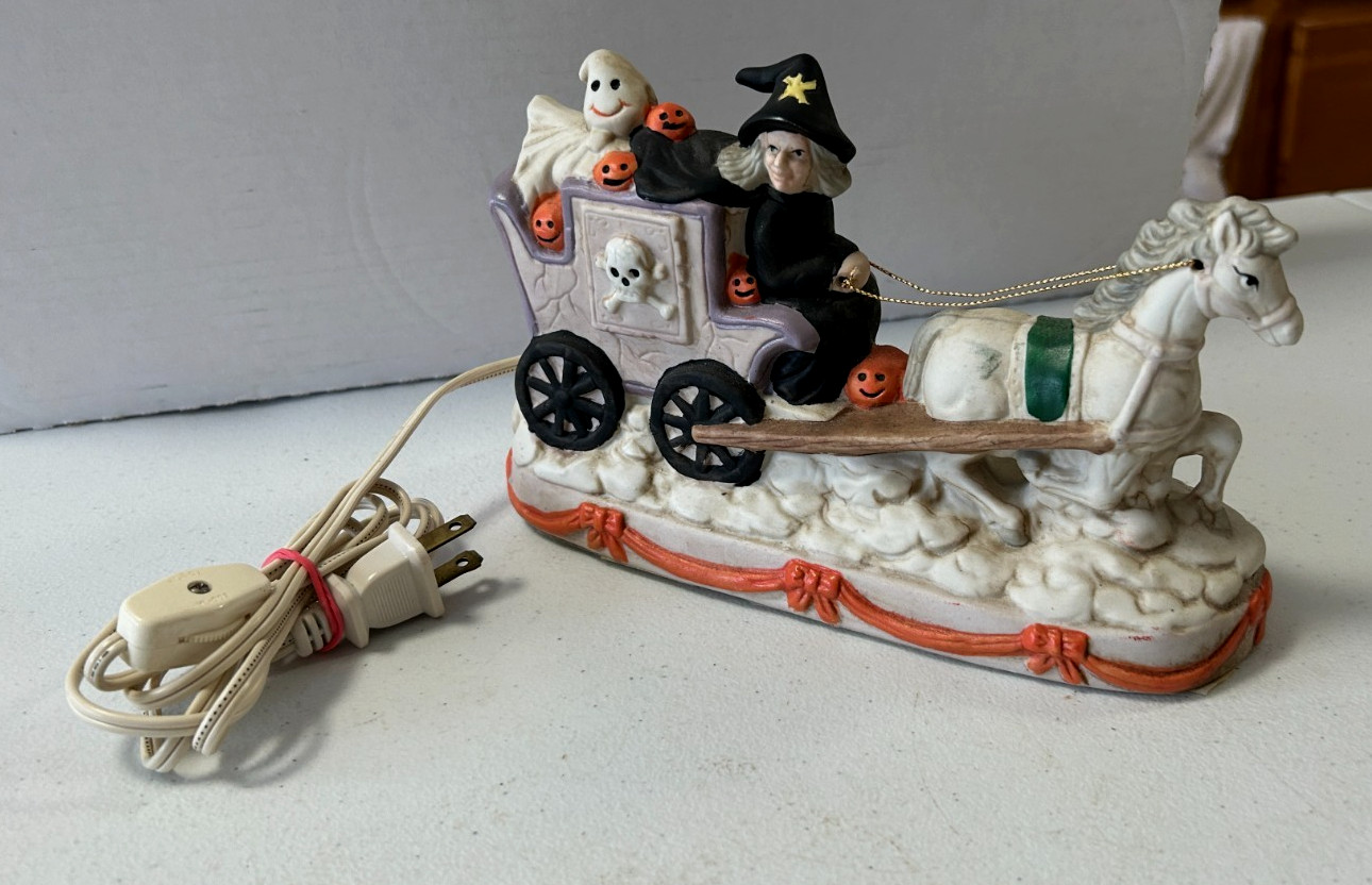 Vintage Halloween Porcelain Lighted Spooky Horse Drawn Witch Carriage
