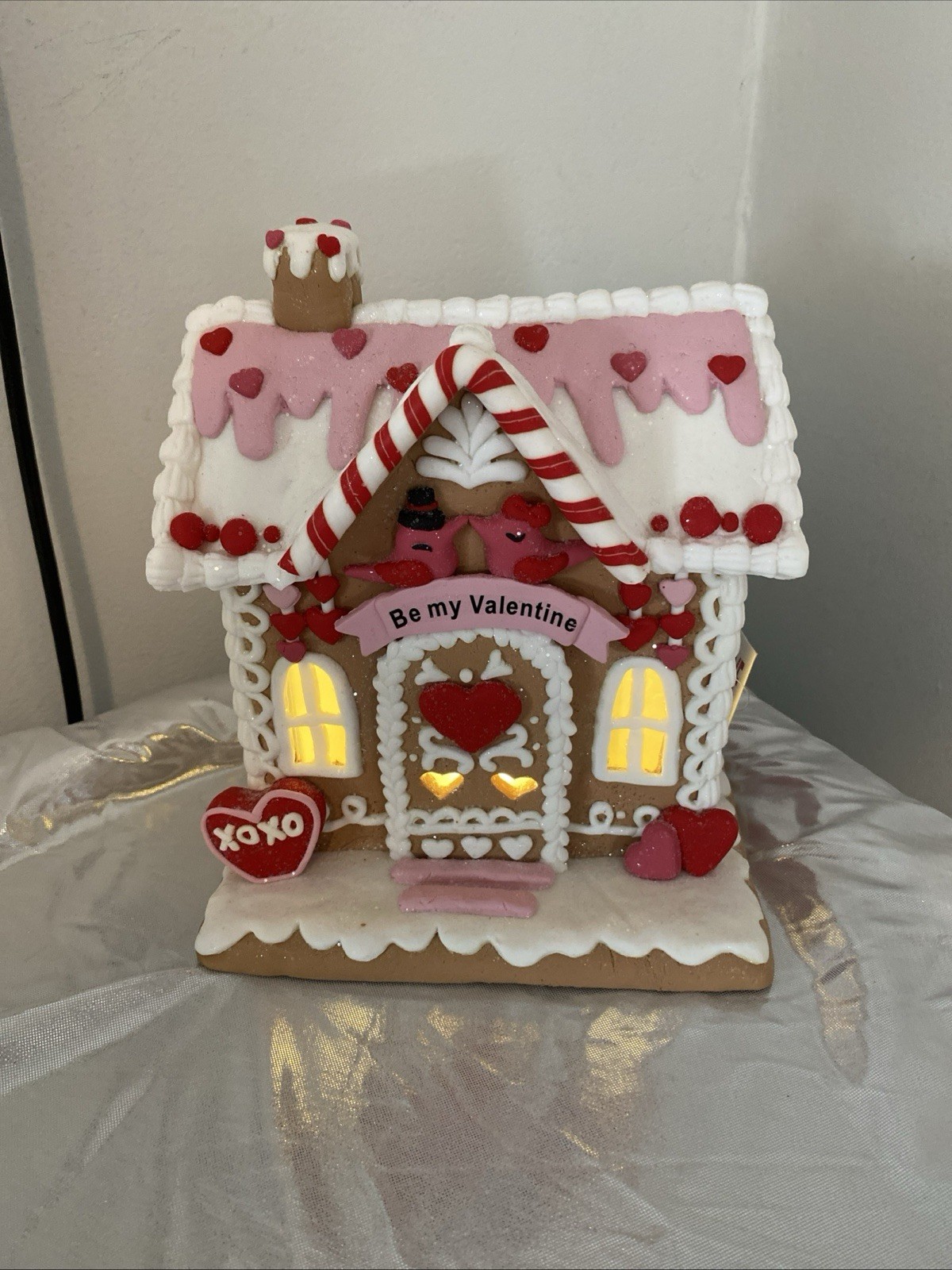 2026 Valentines Day LED Pink Gingerbread House with Love Birds Be My Valentine