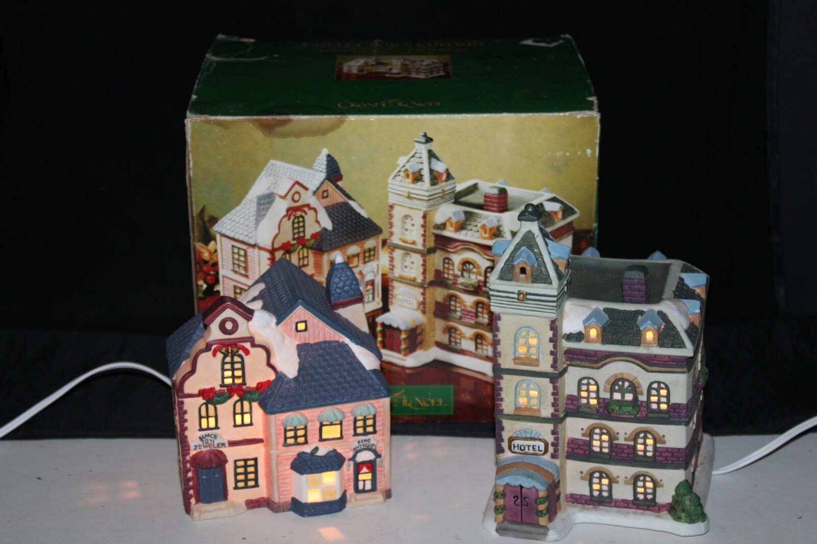Grandeur Noel 2 Piece Porcelain Set HOTEL & JEWELER ANTIQUES Christmas Lighted