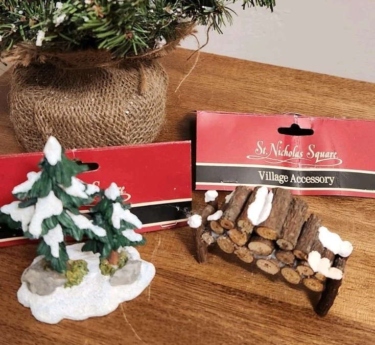 St Nicholas Square Pine Trees & Wood Pile Christmas Village House Accessories