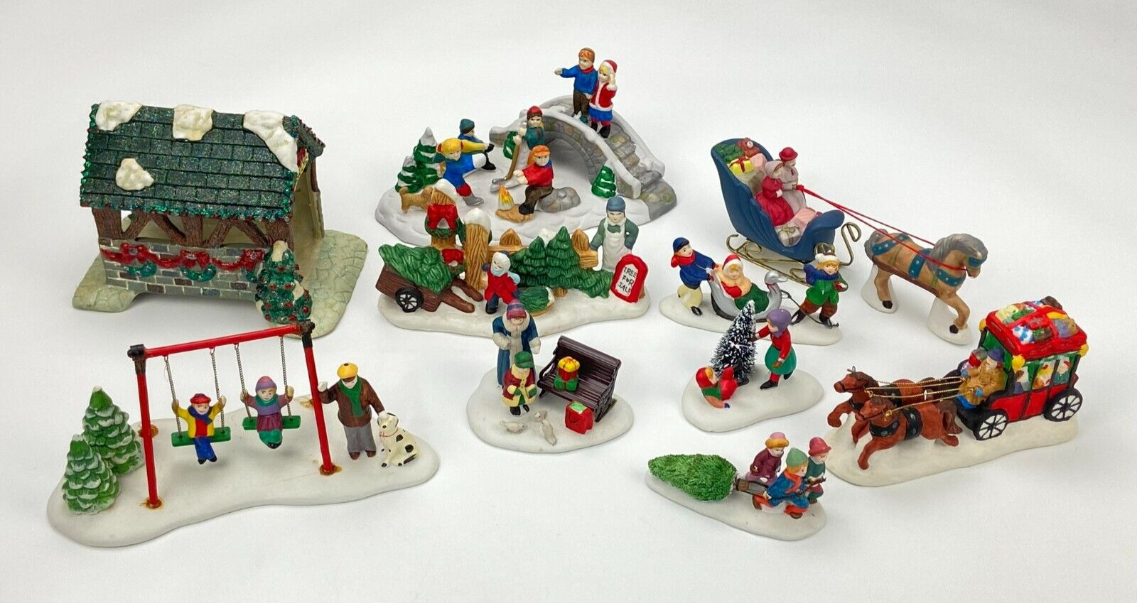Lot of Lemax & Other Christmas Village Figures Accessories Bridge Carriage Swing