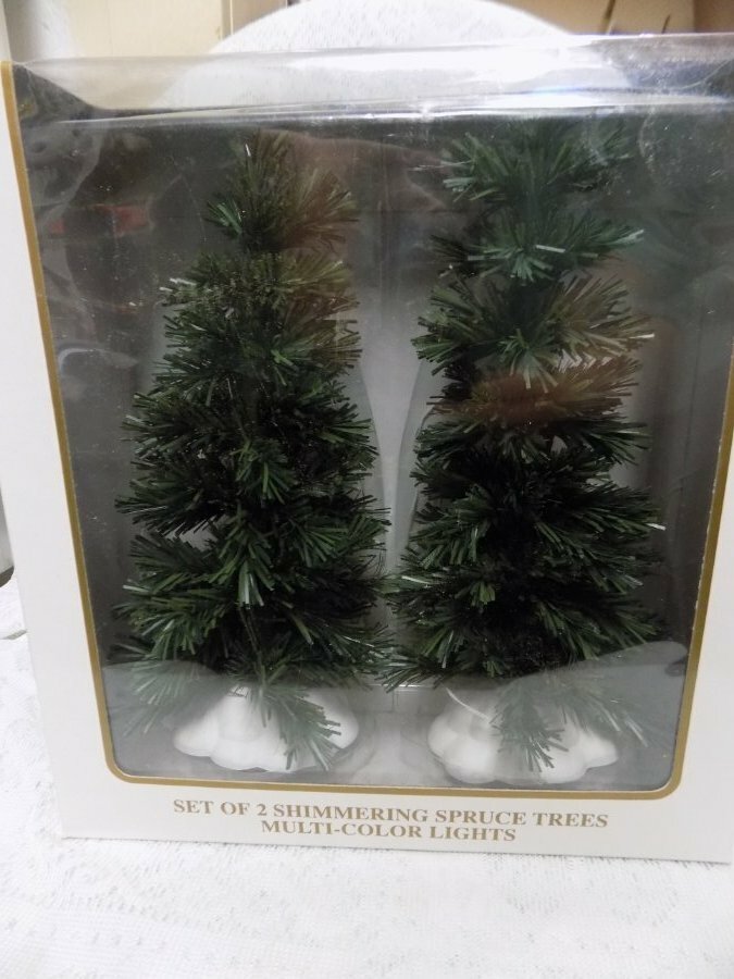 NIB~SET OF 2 SHIMMERING SPRUCE TREES~MULTI-COLORED LIGHTS~WINTER GLEN~9.5″