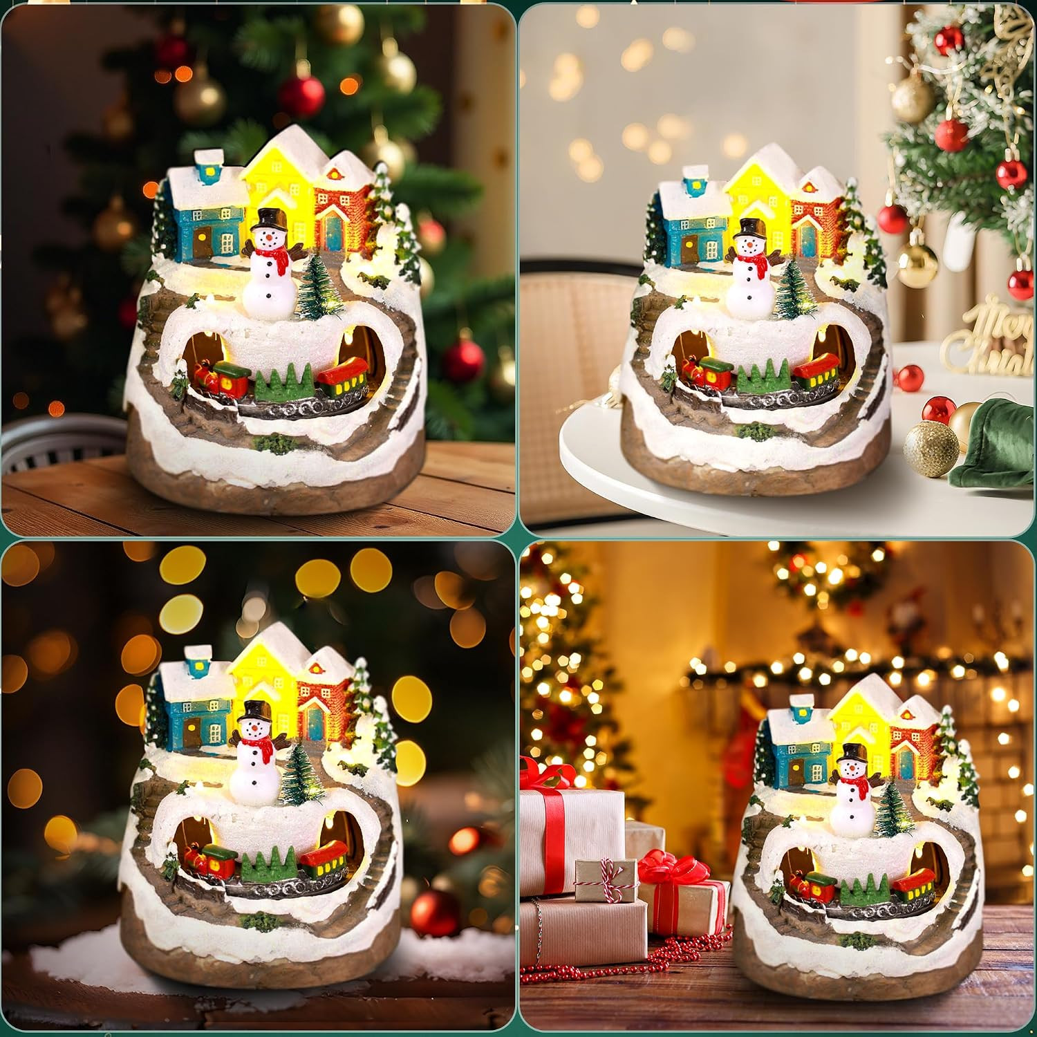 Musical Christmas Village Houses with LED Light & Rotating Train, Ornaments Cent