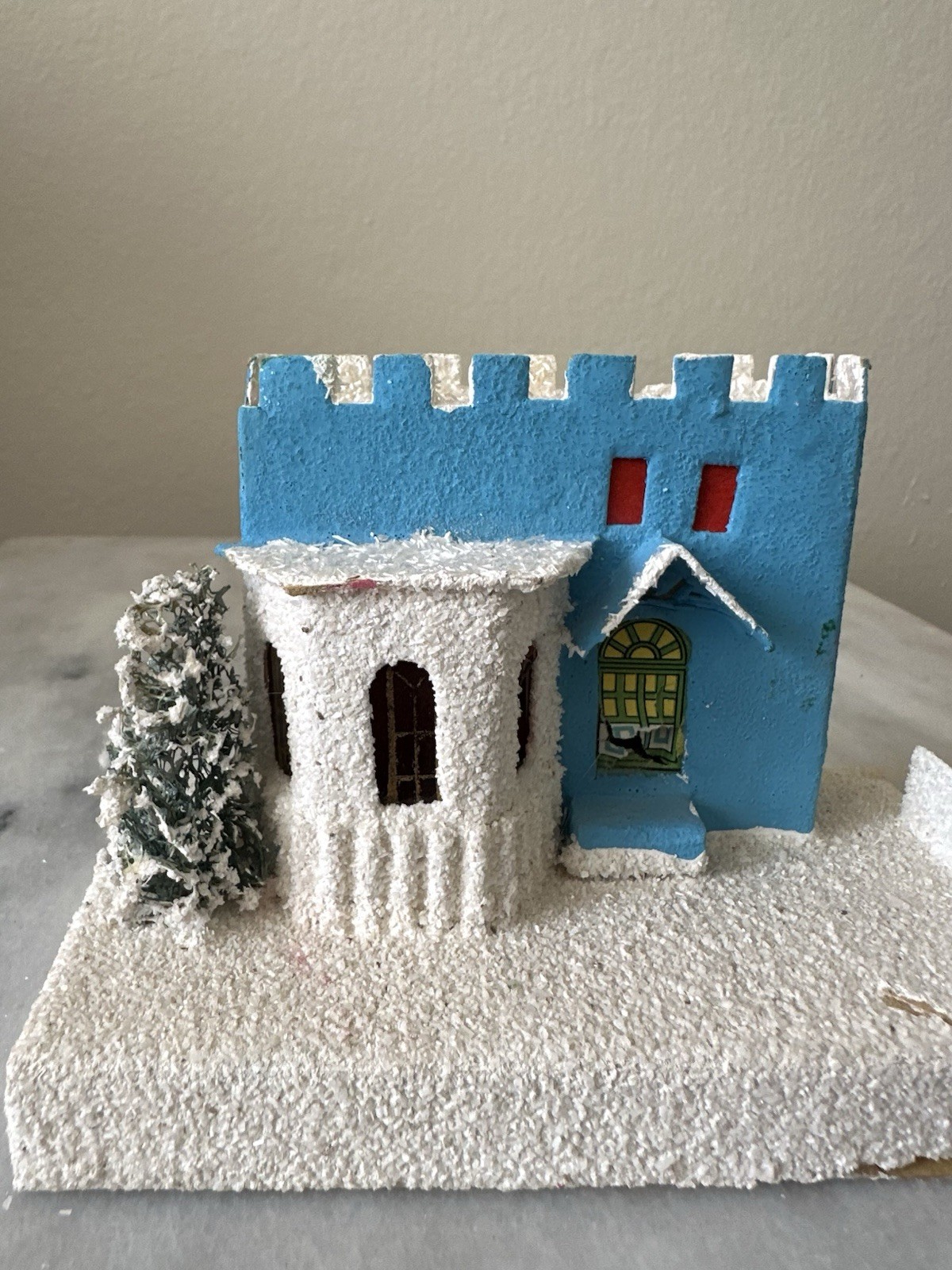 Rare Vintage Japan Blue Castle Putz House Christmas Village 1950s W/ Brush Tree