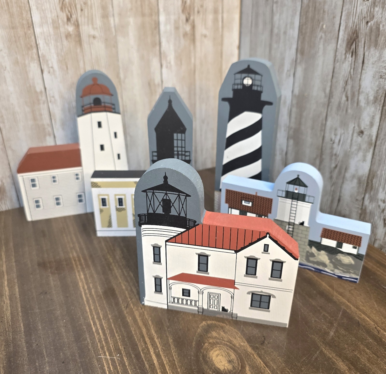 The Cats Meow Lighthouse Collection Wood Figurine Shelf Sitters 5 Piece. Signed.
