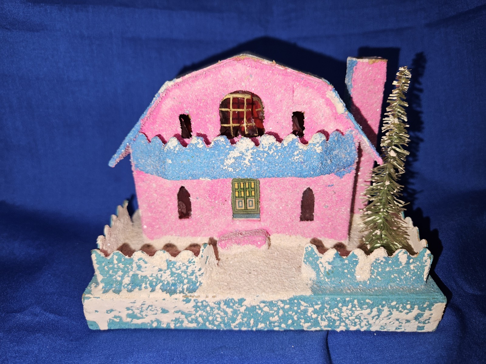 Vintage Large Putz Pink House with Balcony & Fence Made in Japan