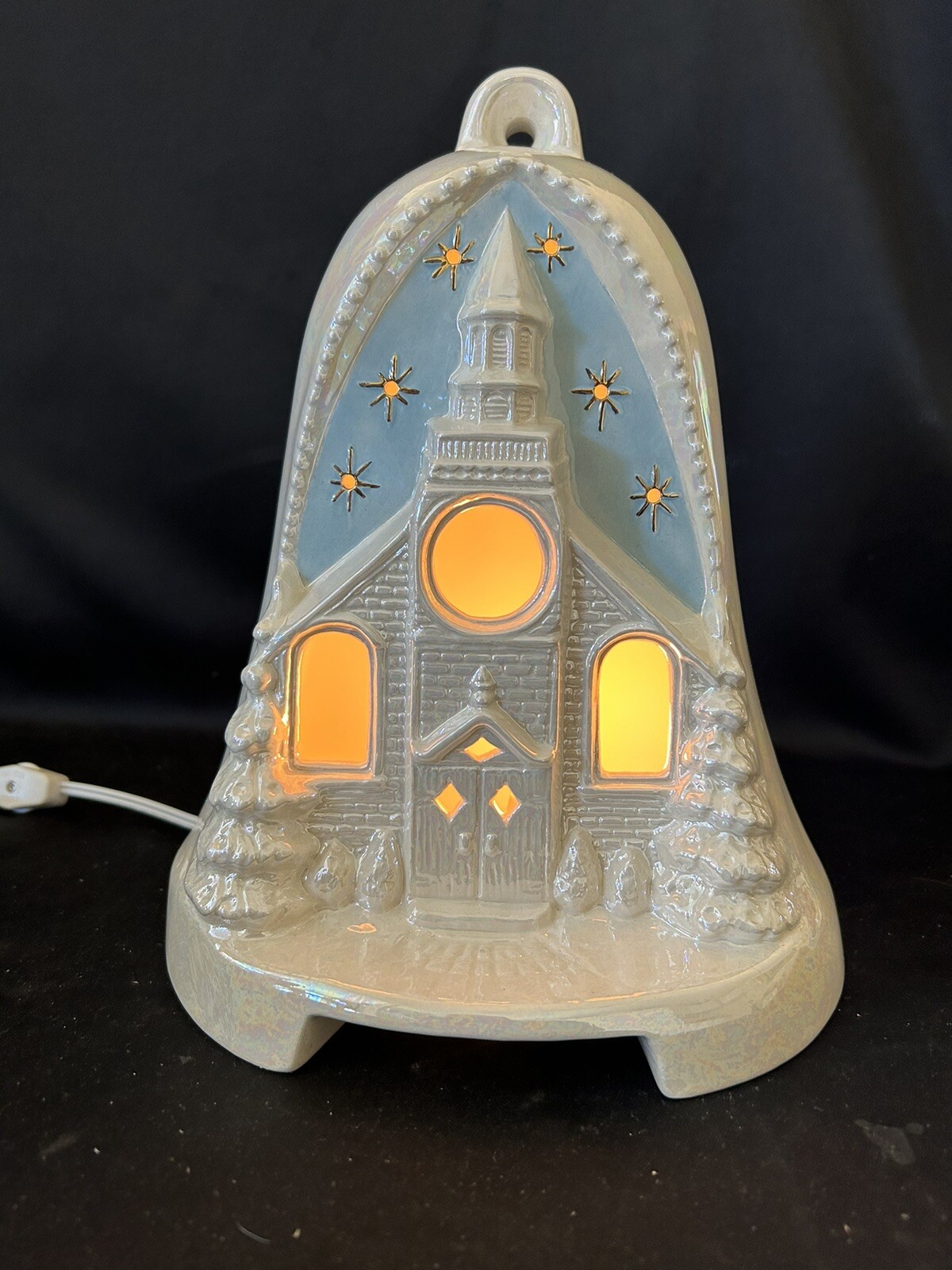 Vtg ’84 Modern Light Craft Ceramic Light Up Iridescent Christmas Bell Chapel