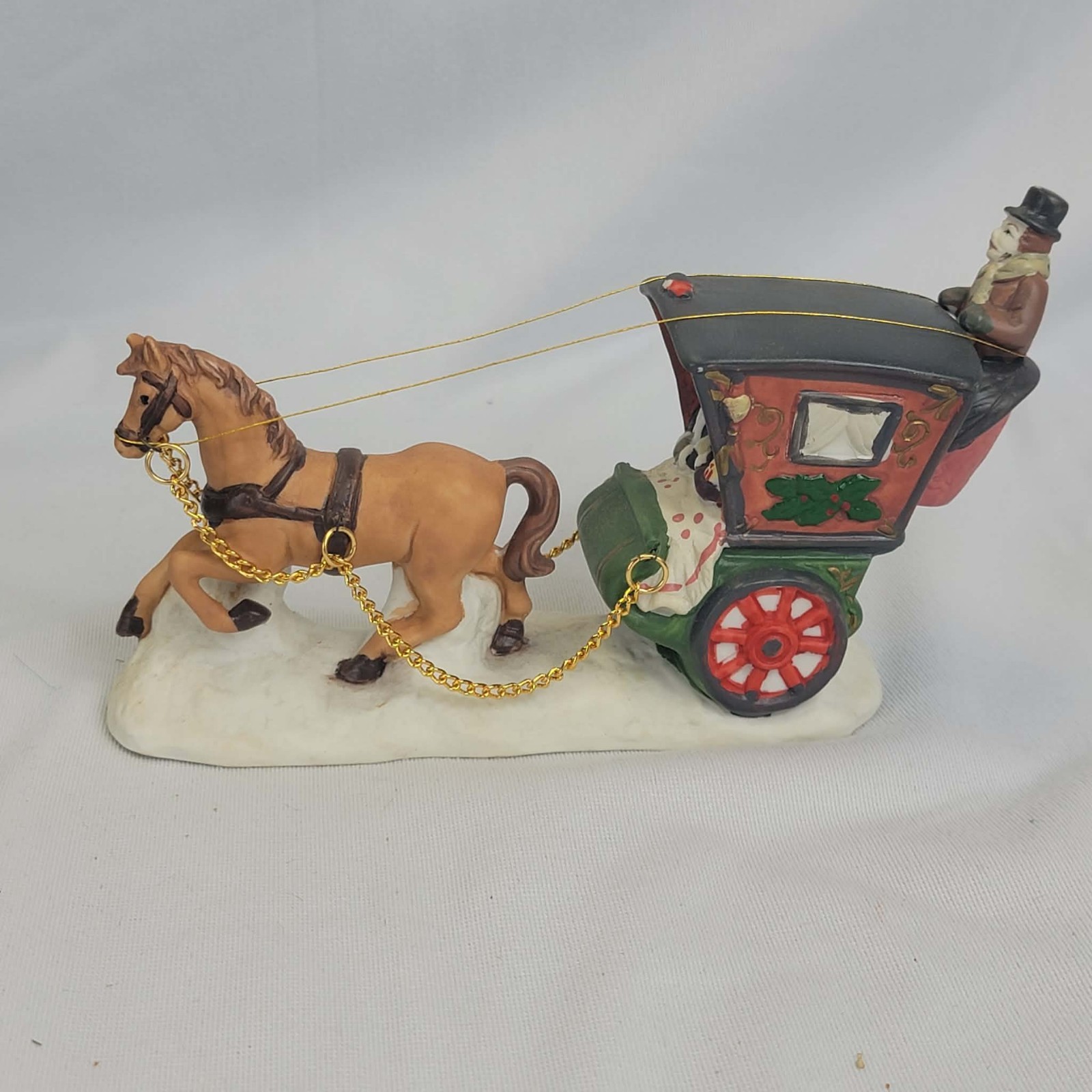 Hand Crafted Porcelain Horse Drawn Carriage Christmas Village Scene w Box