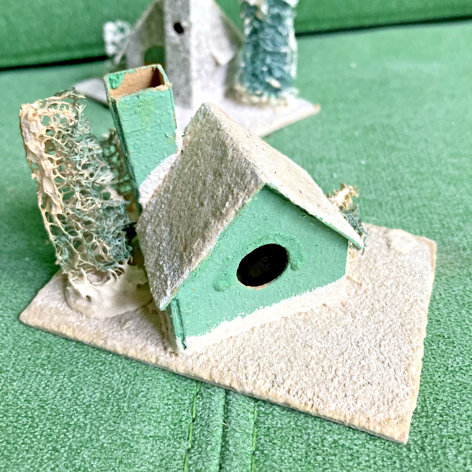 3 VTG Christmas Putz Houses, Cardboard w Mica Glitter, Windows, Trees