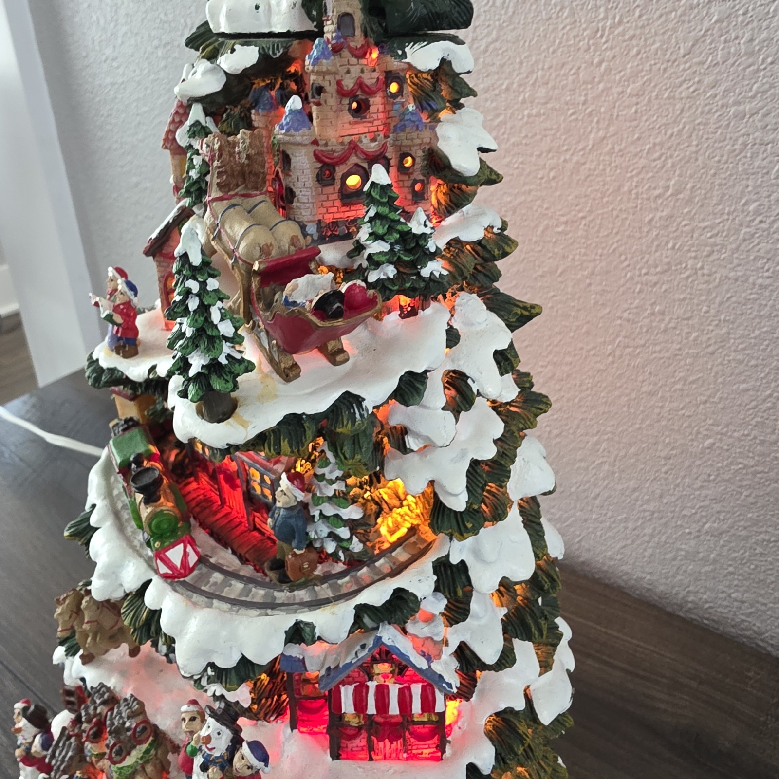 Vintage Christmas Village Tree Scene Lighted Train Depot Santa Sleigh