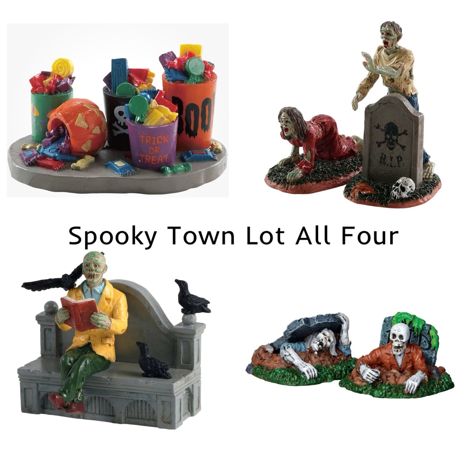 Lot of FOUR LeMax Halloween Village Spooky Town Accessories Candy Zombies -New