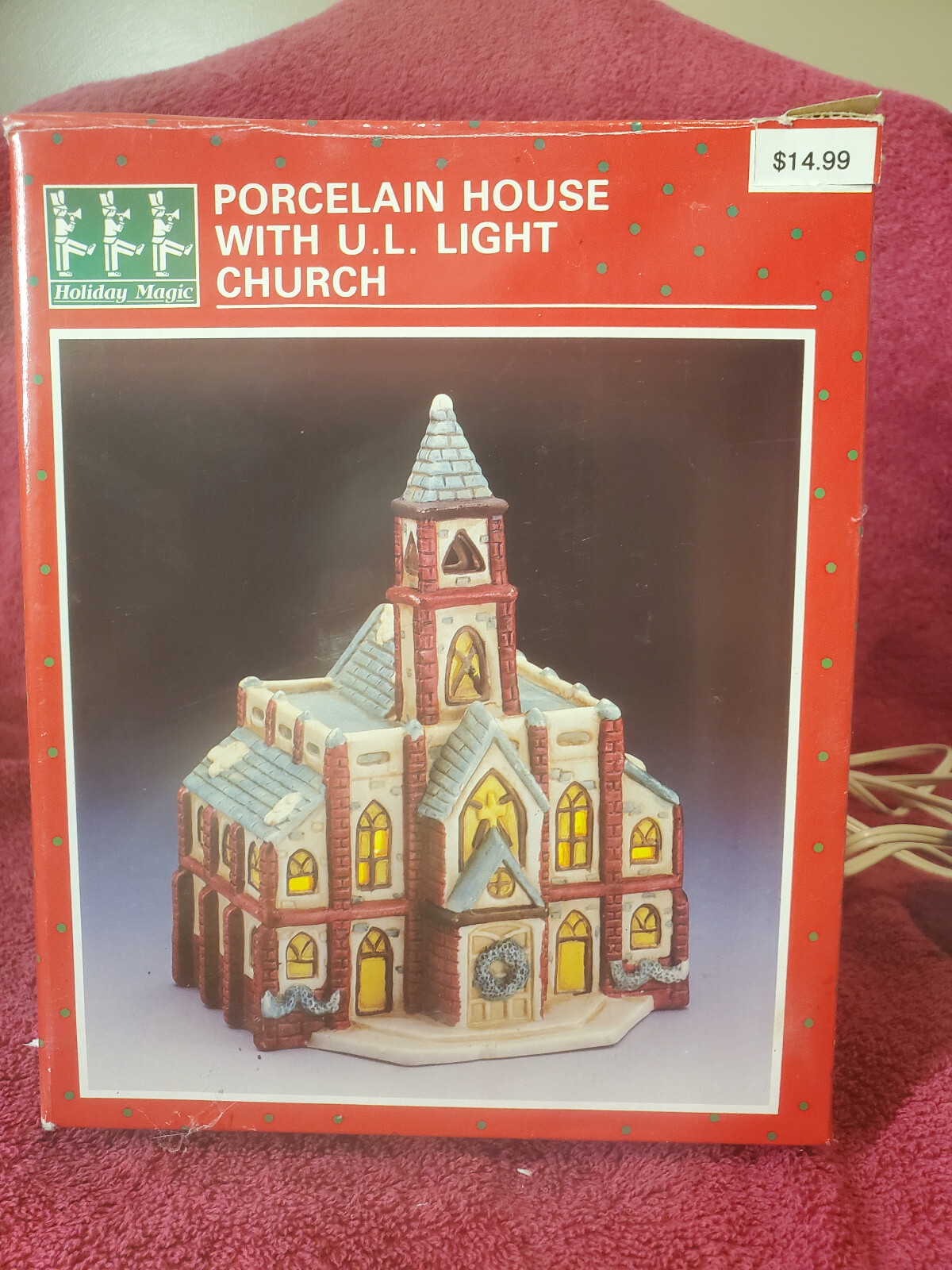 Holiday Magic Porcelain Church With Steeple 8″ W/Box W/Lighting