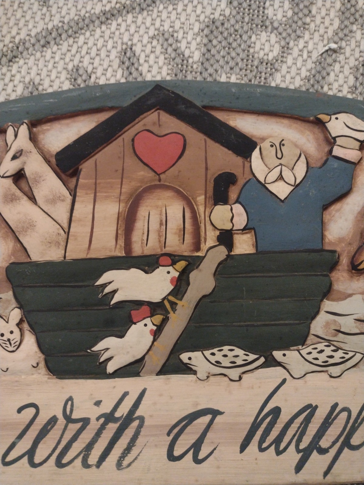 Vintage Noah’s Ark Sign Wooden Carved and Painted 26″ Wide