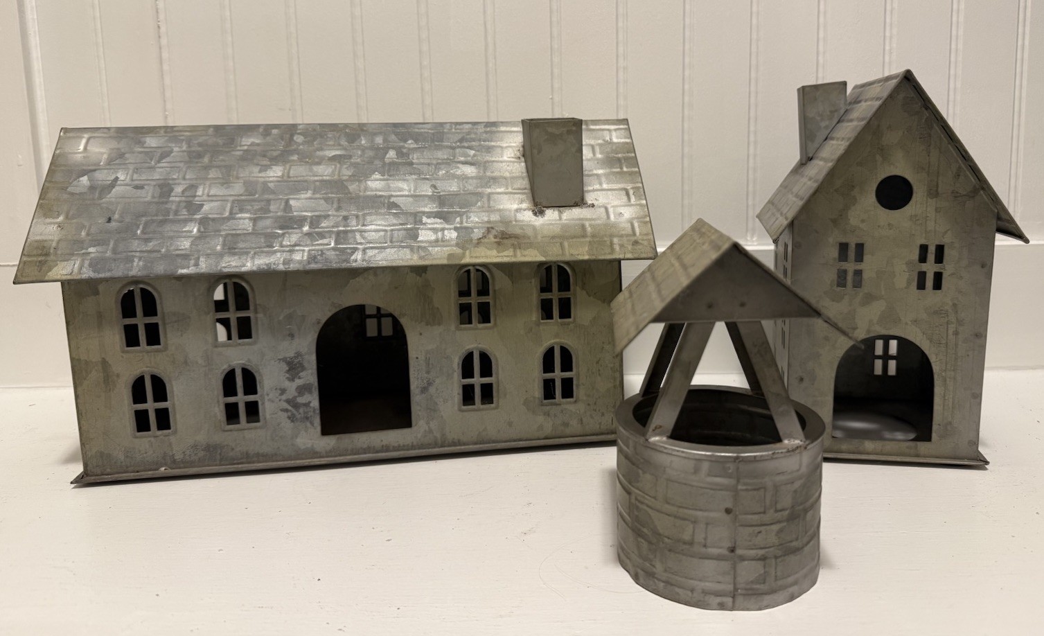 Pottery Barn Galvanized Village Three Piece Set Train Station House Well RARE