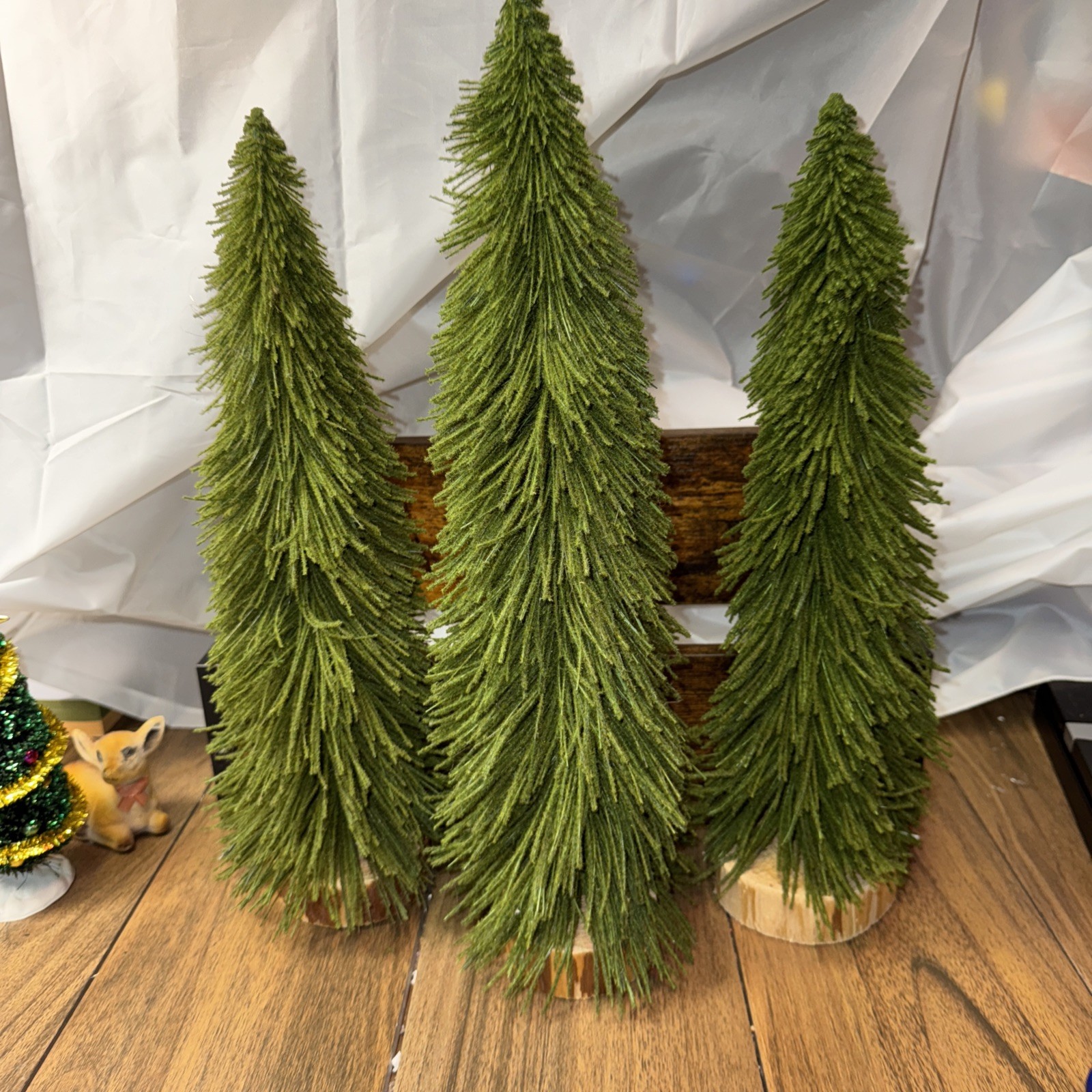 Three Bristle/ artificial pine trees 15 inches tall wood base Lot Of 3