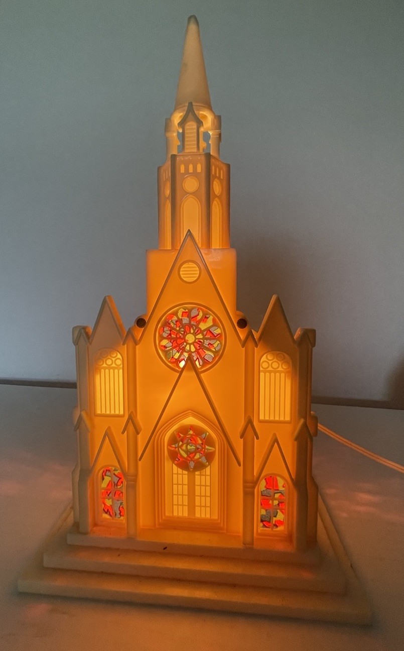 Vintage Raylite Electric Corp Lighted Musical Church Cathedral Christmas Works