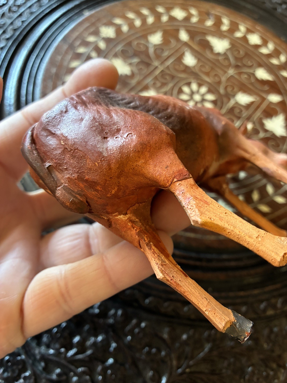German Composition Christmas Putz Stick Leg Standing Cow Repaired 4” x 5 3/4”