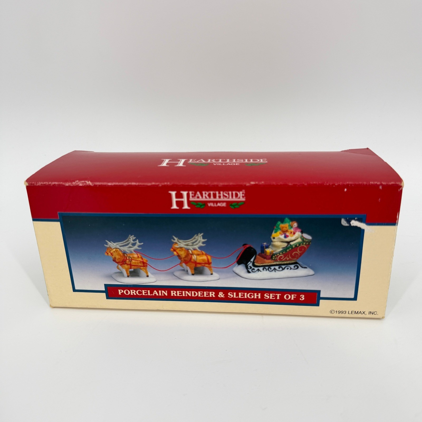 1993 Lemax Hearthside Village Porcelain Reindeer & Sleigh Set of 3