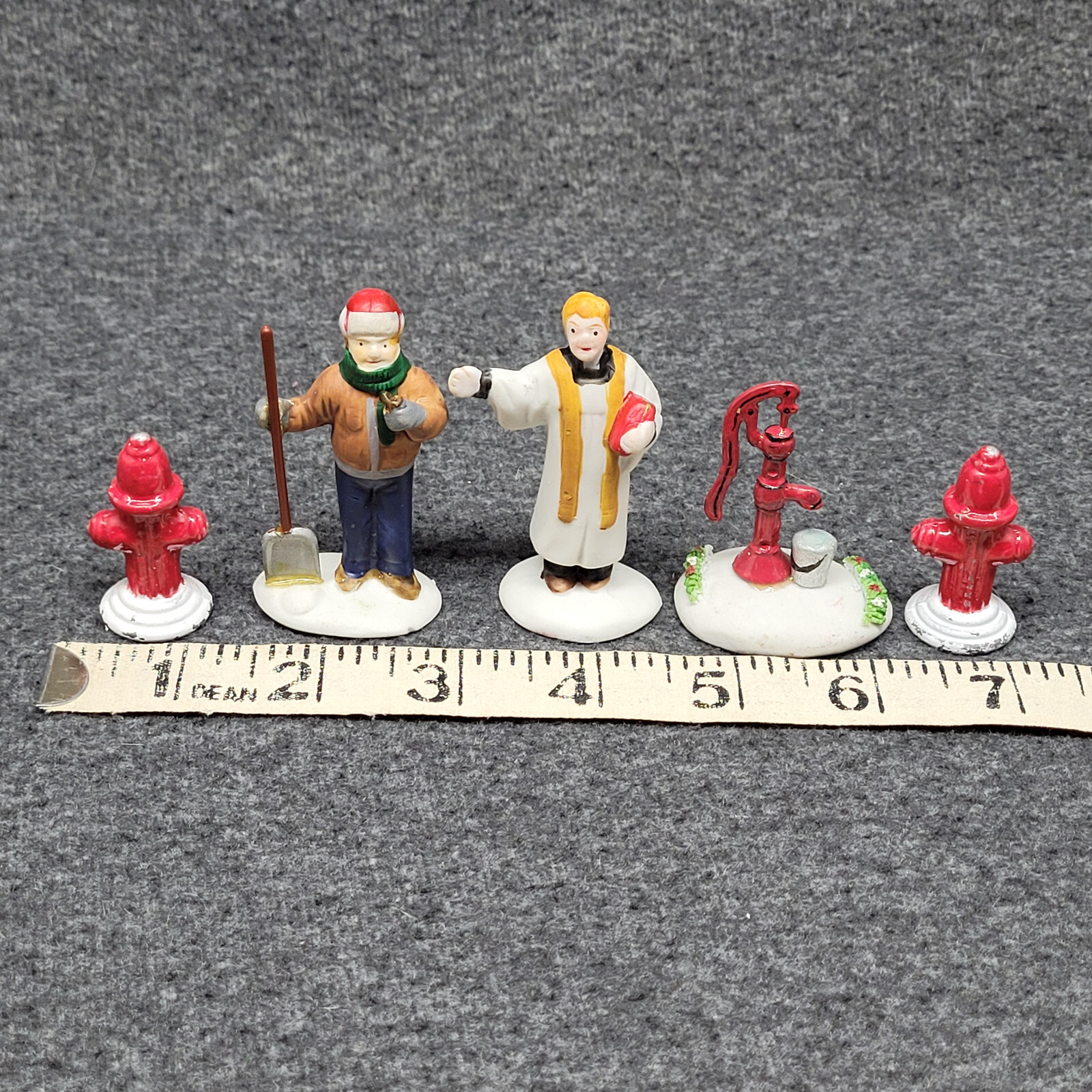 Vintage Lemax Figurines Priest Man w/ Shovel Hand Pump 2 Fire Hydrant