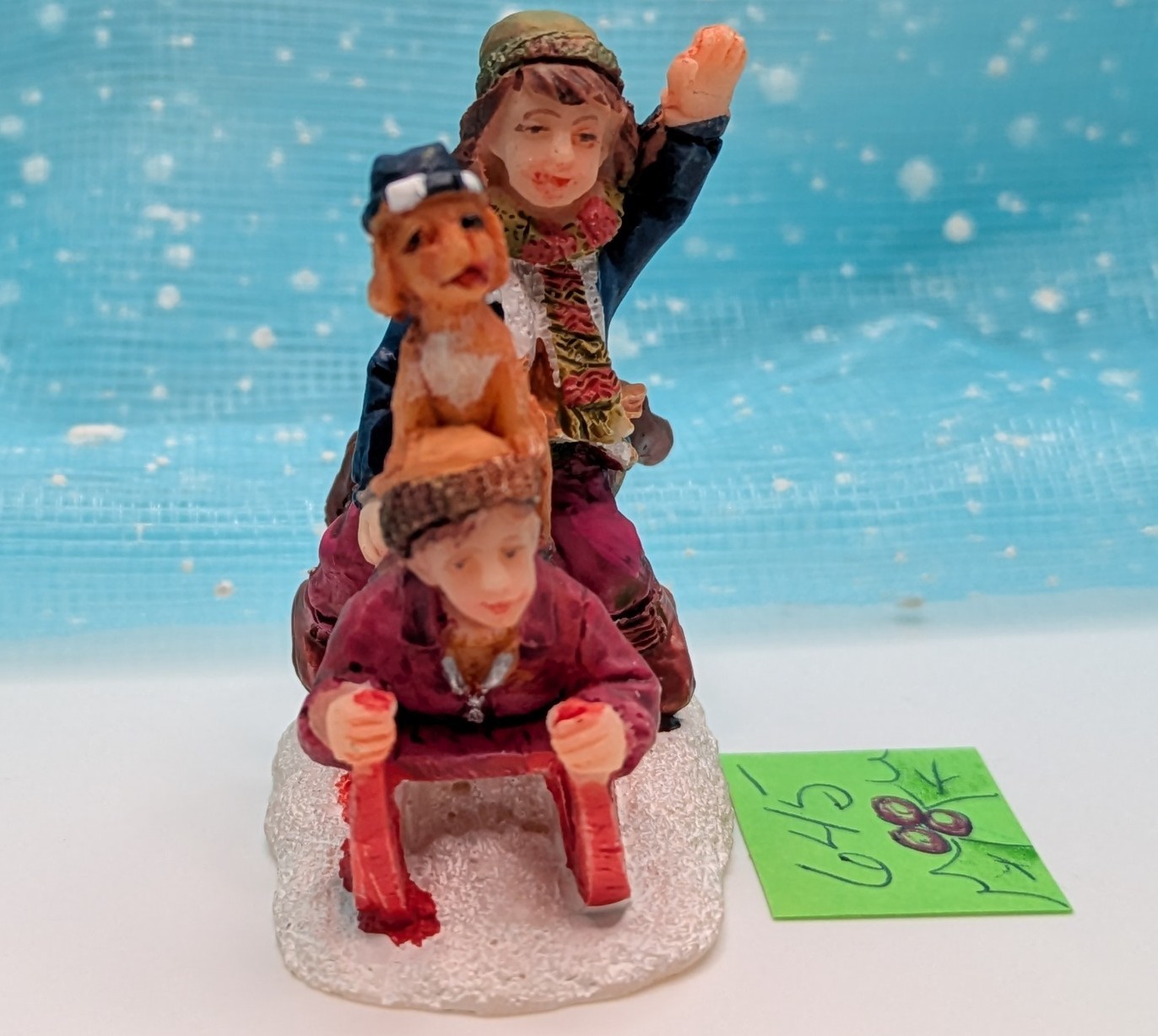 St Nicholas Square dog children sledding Christmas Village Figurine LOOSE INV645