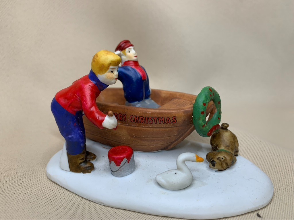 LEMAX 1998 Village HEARTHSIDE  “THE MEETING” Boat, boys dog, MERRY CHRISTMAS