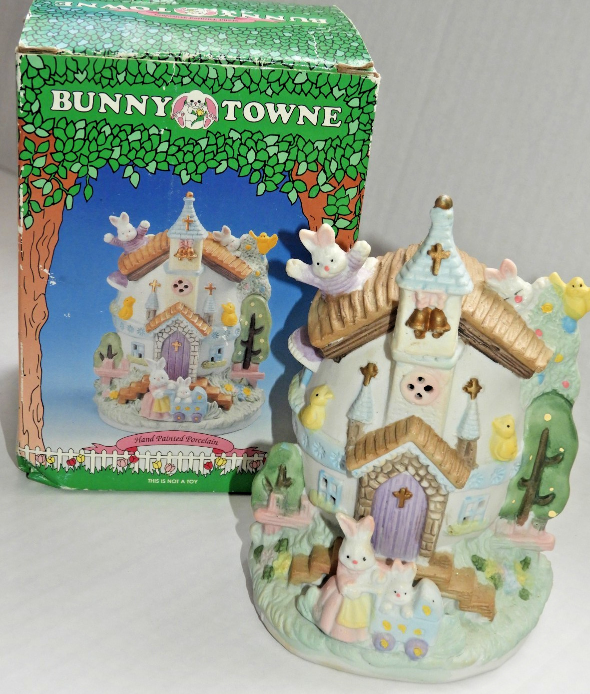Easter Bunny Towne Village Egg Church House Rabbit Hand Painted Porcelain 6.5″