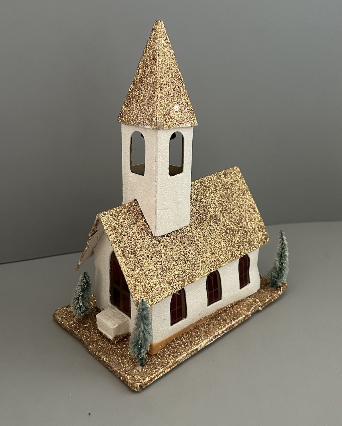 Vintage Christmas Church Putz Sponge Tree Mica Glitter 8″ High Japan Gold White
