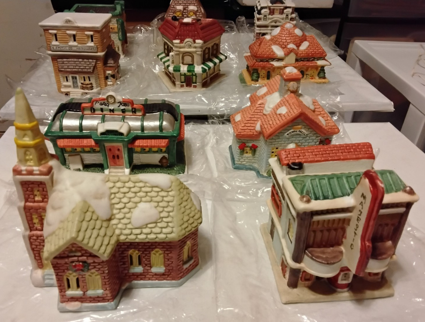 Christmas Village Porcelain Light Houses & Metal/Other Figurine Lot Used 4 Boxes