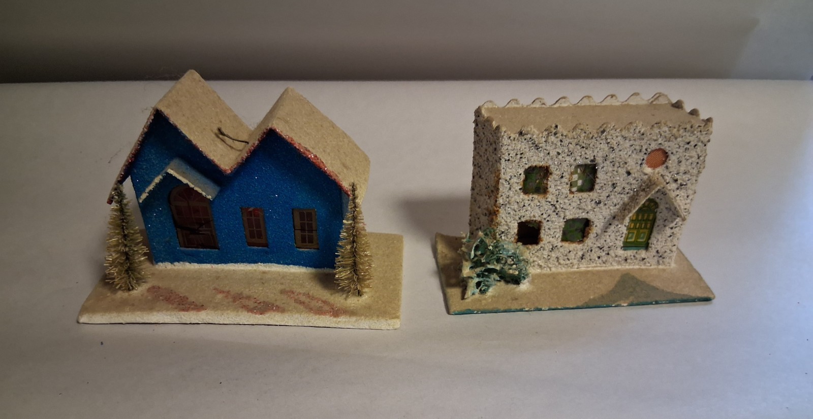 Vintage 1950s Made In Japan Glitter Cardboard Putz Village Houses, Set of 2