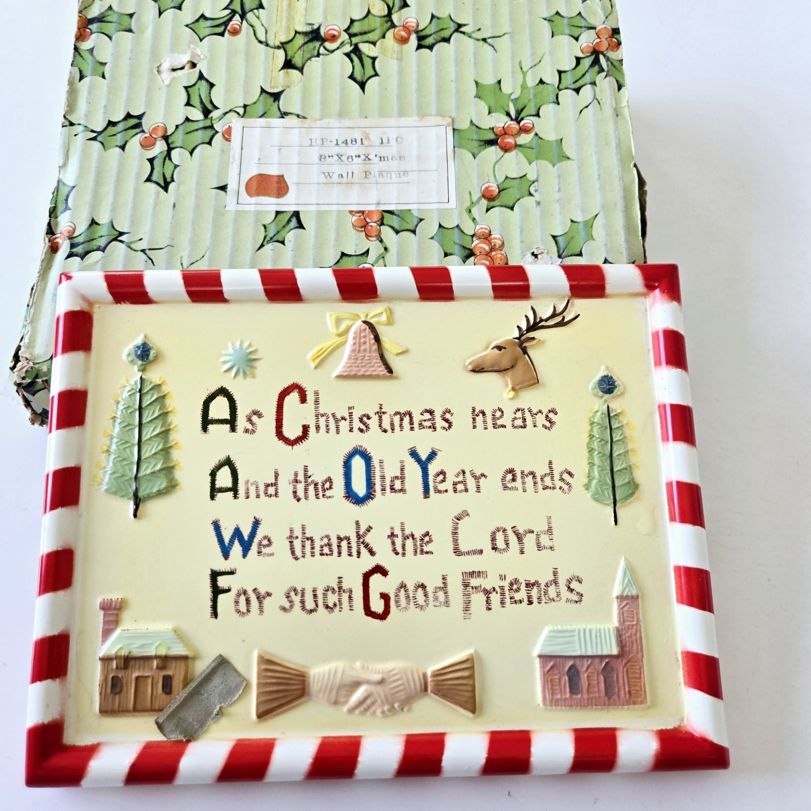 Vintage Lefton Christmas Wall Plaque 8″ x 6″ Candy Cane Striped
