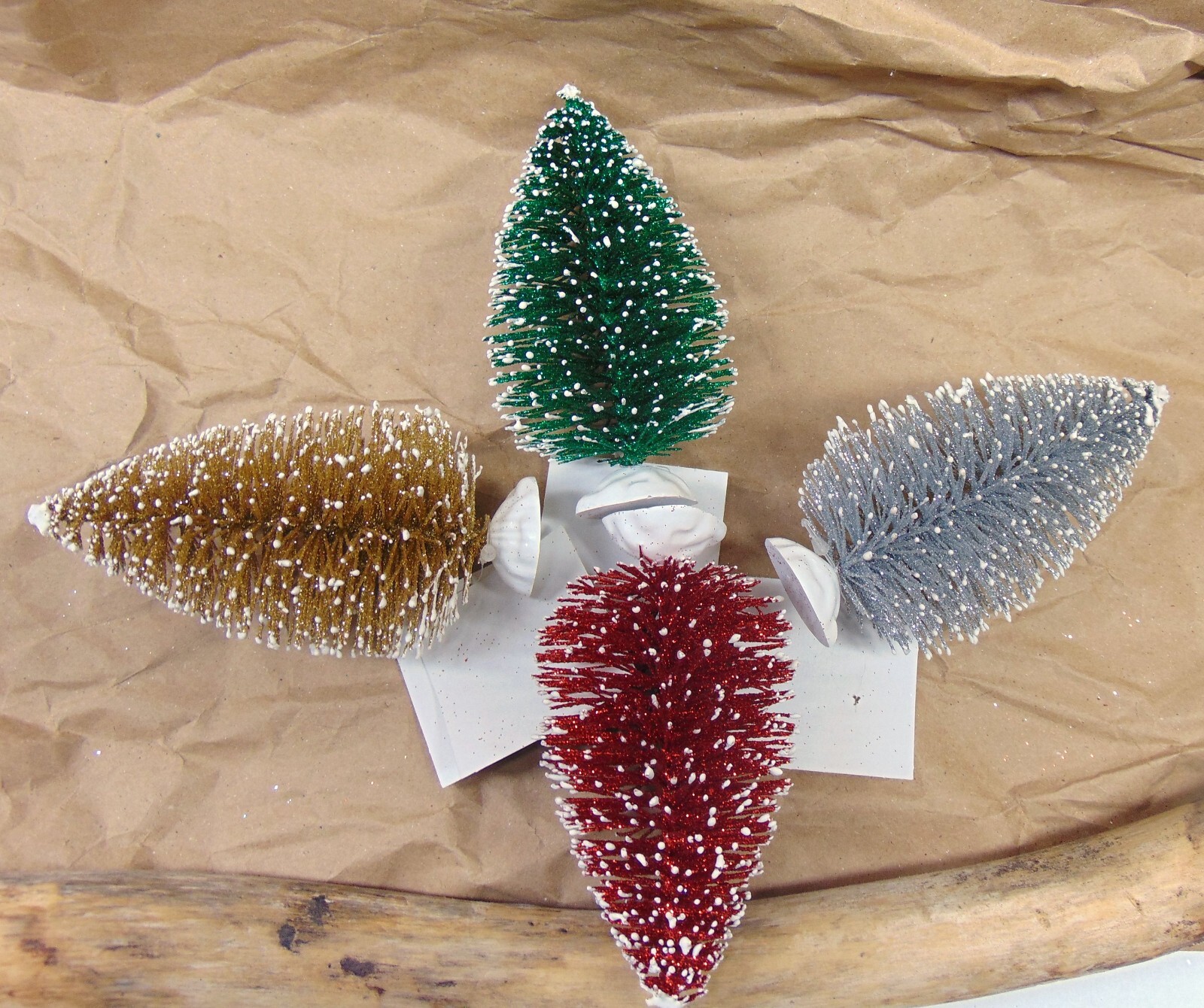 Set 4 Glitter + Snow Frosted Bottle Brush CHRISTMAS Trees 5″ Tall (SIsal style)