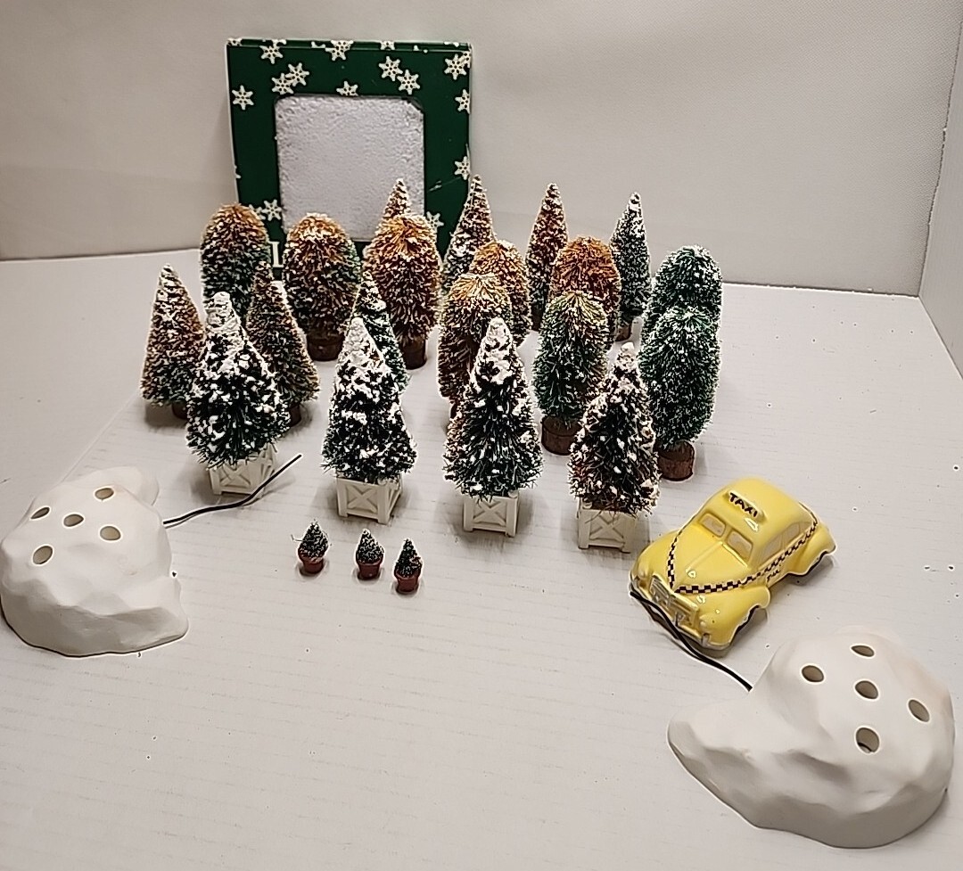 Dept. 56 Village Accessories, 20 Landscape Trees, Taxi 1987, Snow Crystals, Rock