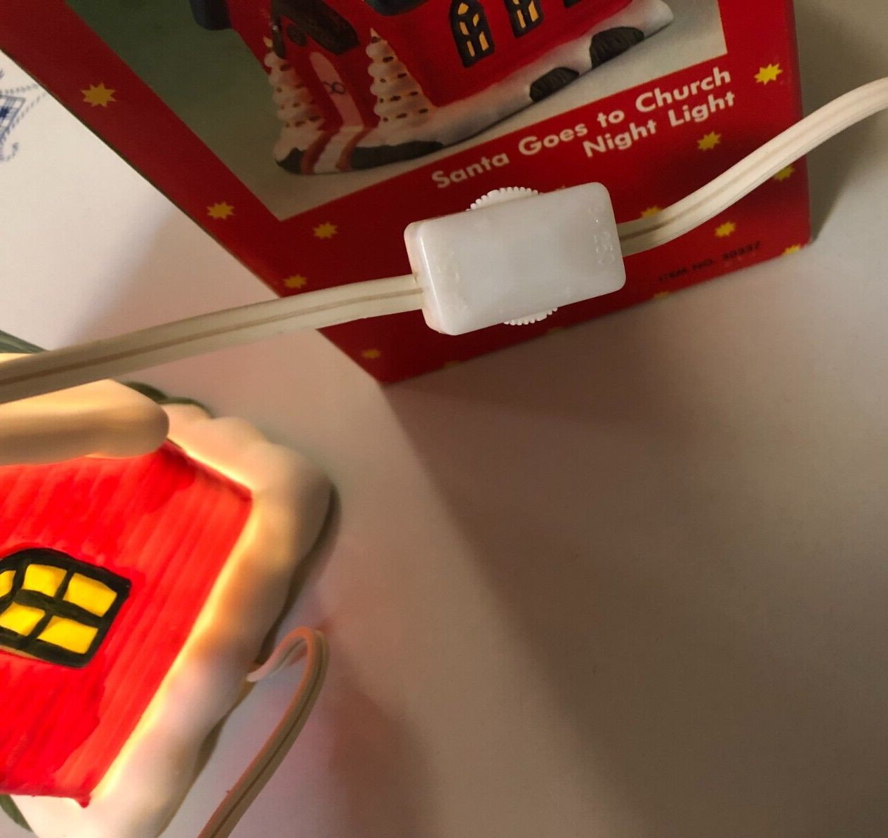 Merry Christmas Santa Goes to Church w Snow on Roof Lighted with 4′ Switch Cord