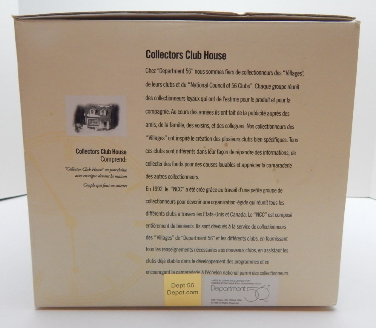 Dept 56 Collectors Club House #54800 Old Stock w/Light Cord, Box Figurine