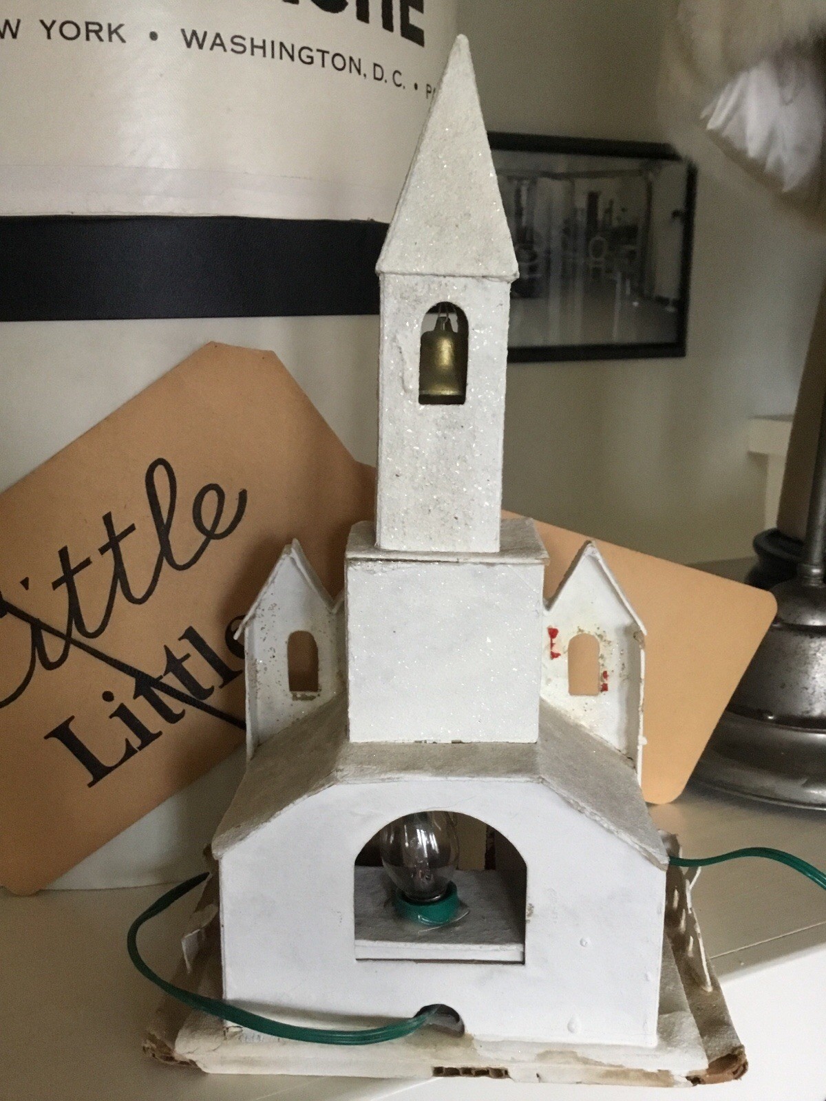 Vintage Christmas Putz Cardboard Light Up Church With Steeple 11” Tall AS IS