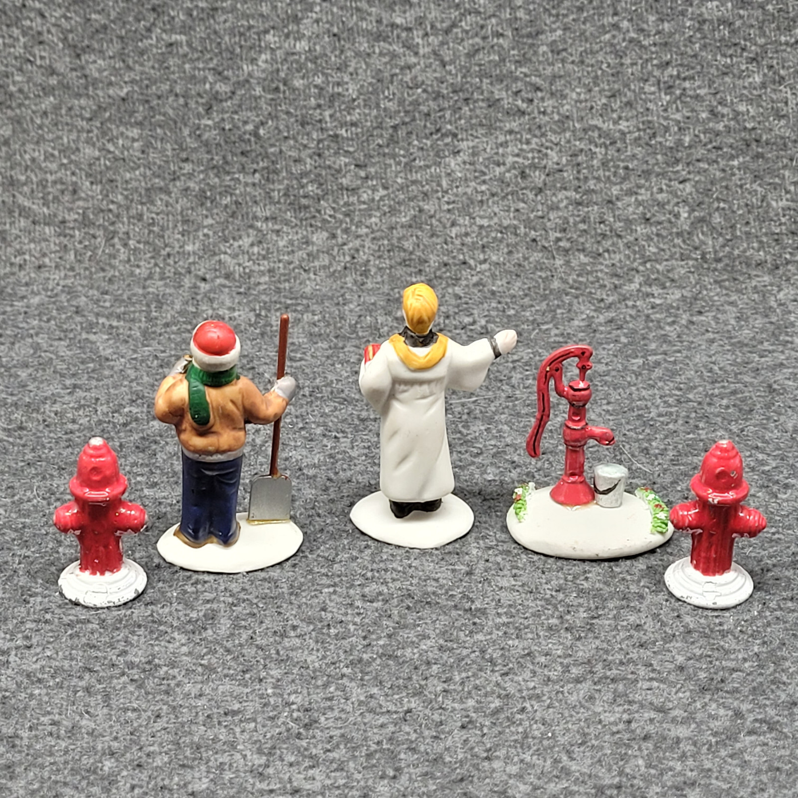 Vintage Lemax Figurines Priest Man w/ Shovel Hand Pump 2 Fire Hydrant