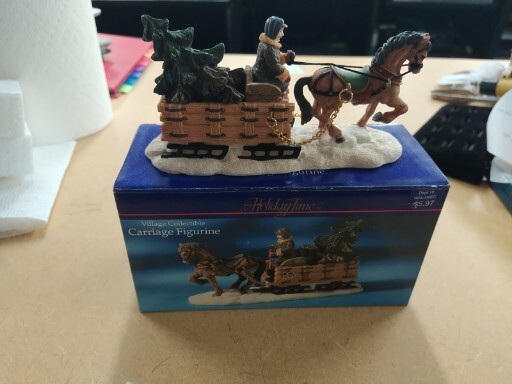 Holiday Time Christmas Village Collectible- HORSE, SLED, DRIVER & Christmas Tree