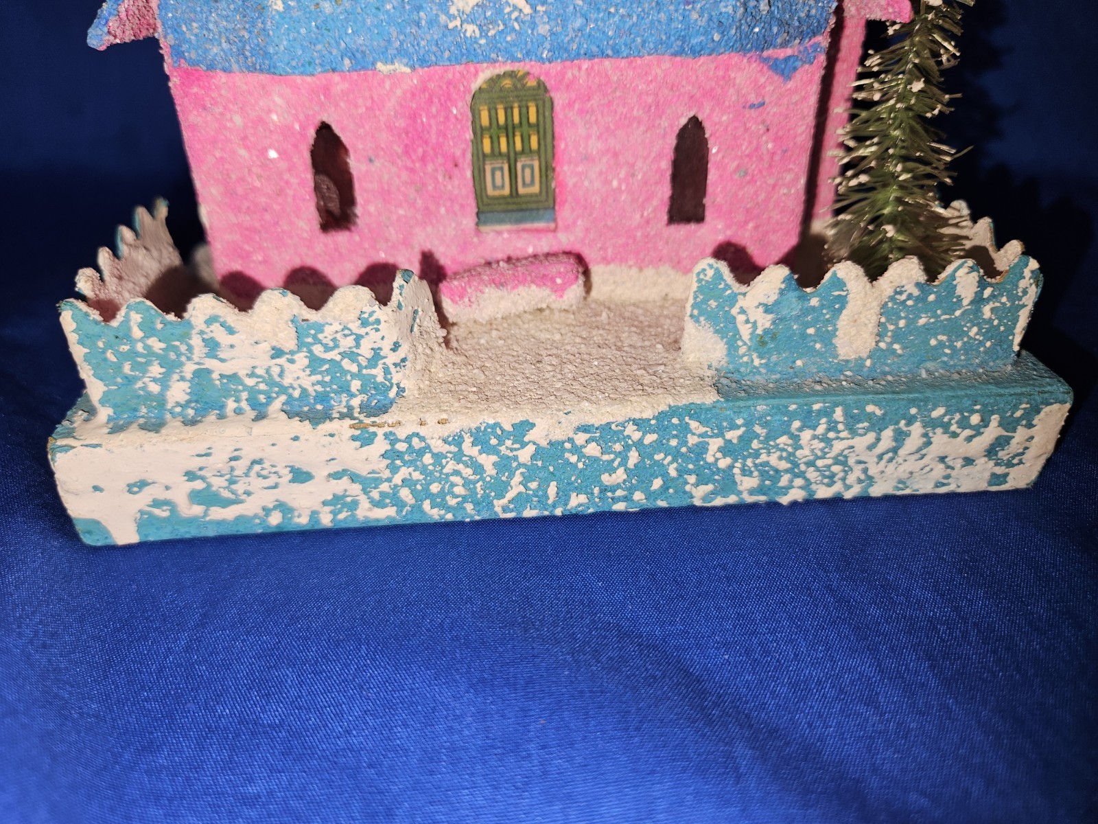 Vintage Large Putz Pink House with Balcony & Fence Made in Japan