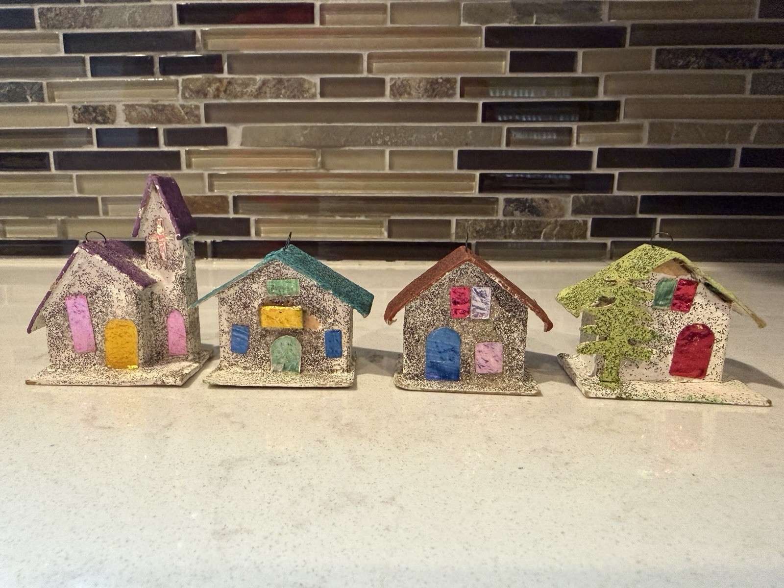 4 Vintage Small Mica Glitter Houses & Church Ornaments Cardboard Japan